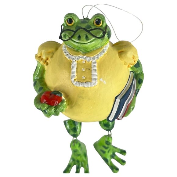 Frog Teacher Christmas Ornament With Apple & Book Dangling Legs Novelty Gallerie - Picture 1 of 8